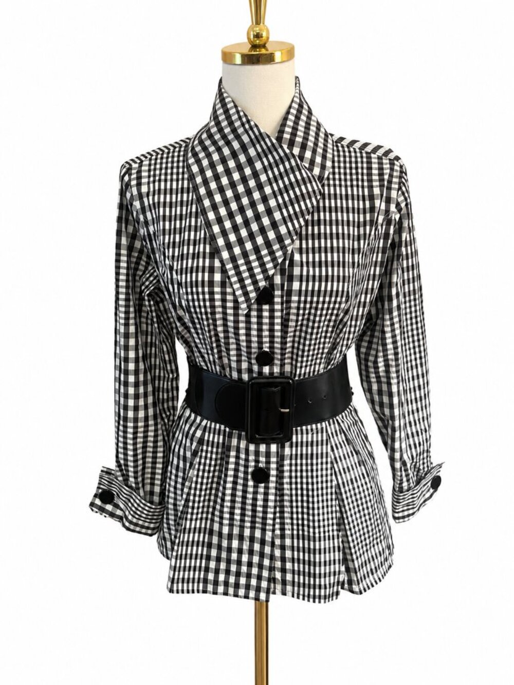 Nara Camicie B/W Italian Gingham Blouse w Statement Collar
